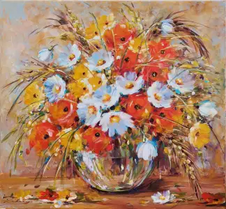 Maky, klasy, margaréty, iskerníky v sklenenej váze